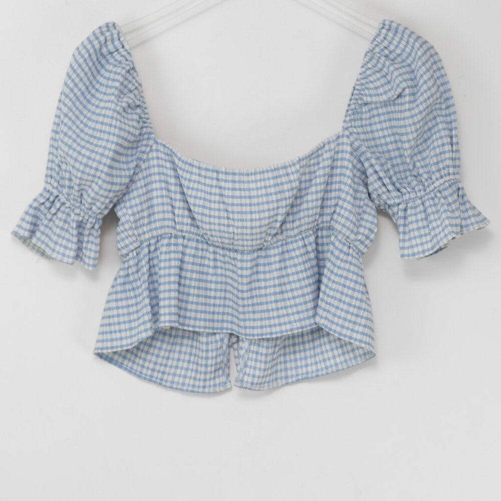 Reformation Lena Top Gingham Cropped Puff Sleeve Blouse Blue White Size 2 - Picture 3 of 7